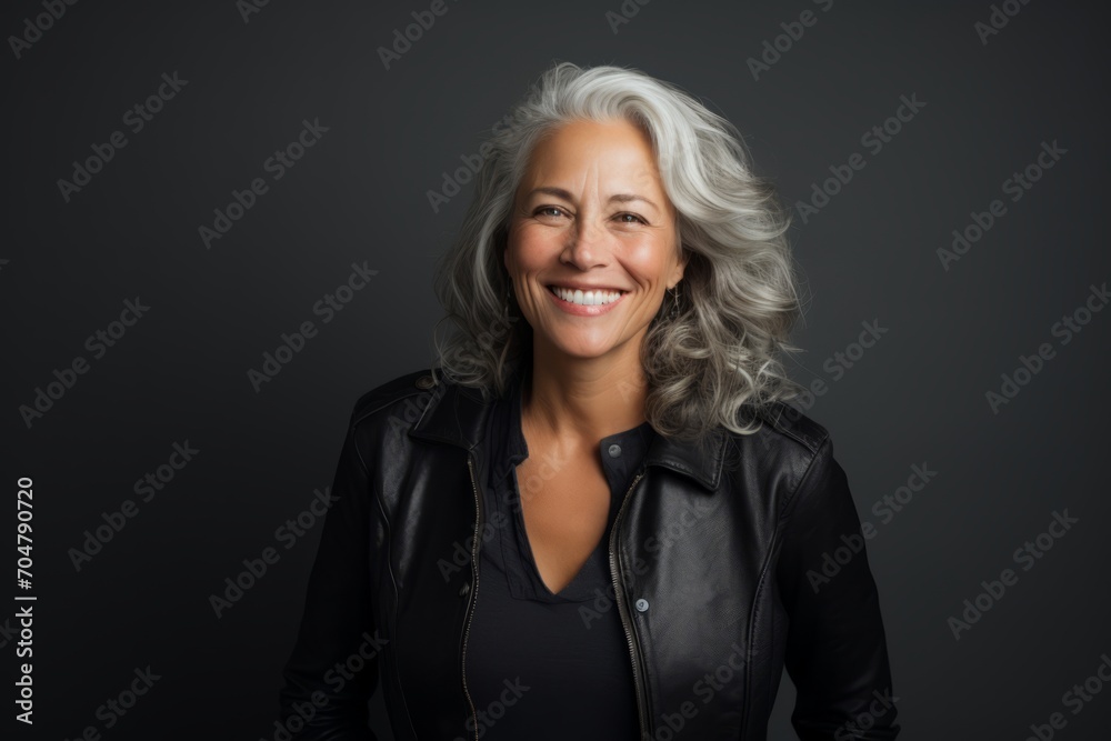 Portrait of smiling senior woman in leather jacket on dark background. Portrait of smiling senior woman in leather jacket on dark background.