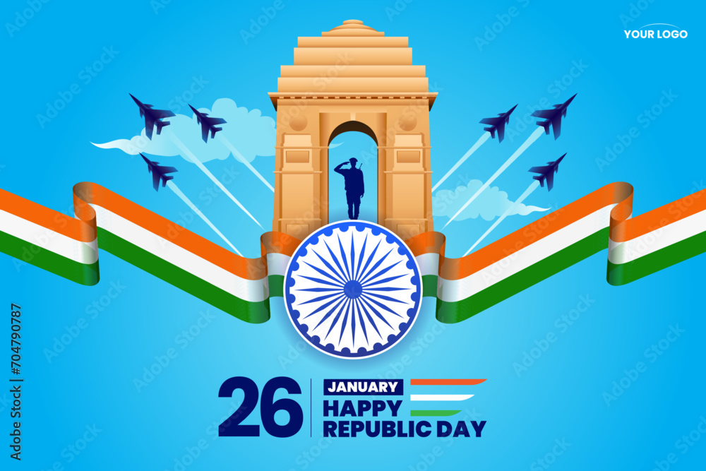 26 january republic day of india celebration with wavy indian flag and india gate vector - obrazy, fototapety, plakaty 