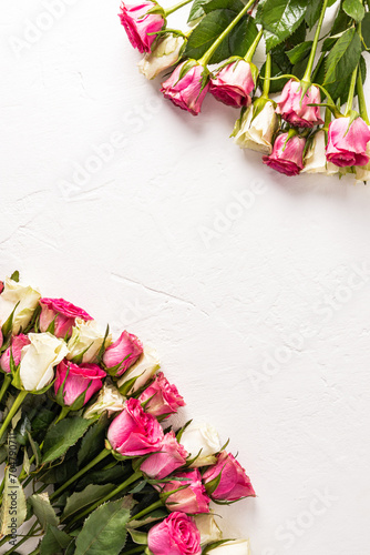 Beautiful vertical festive background with two bouquets of white and pink tea roses. Blank space for your text. border. frame. postcard.