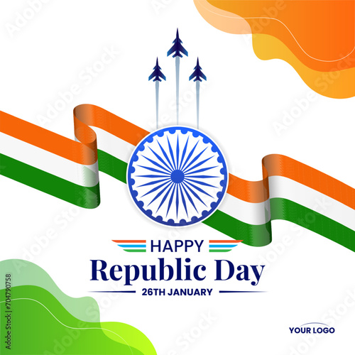 26 january republic day of india celebration with wavy indian flag and fighter jets vector