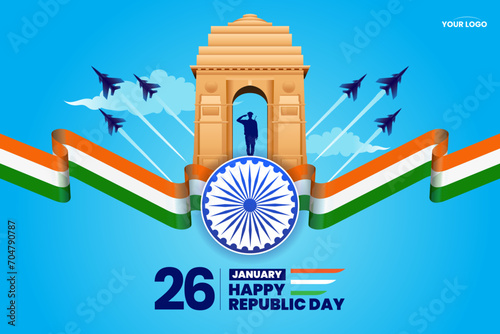 26 january republic day of india celebration with wavy indian flag and india gate vector