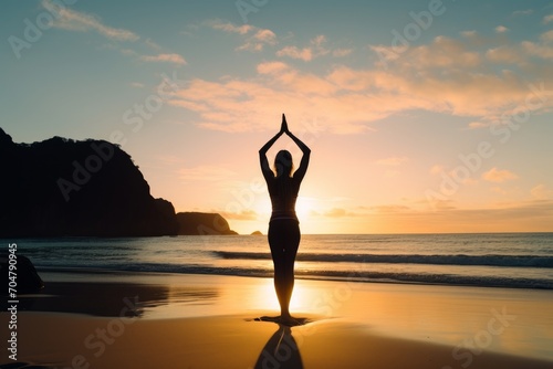 Photo of a person doing a yoga pose on a serene beach. Generative AI