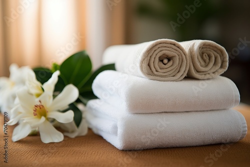Photo of a rejuvenating spa massage table with rolled towels. Generative AI