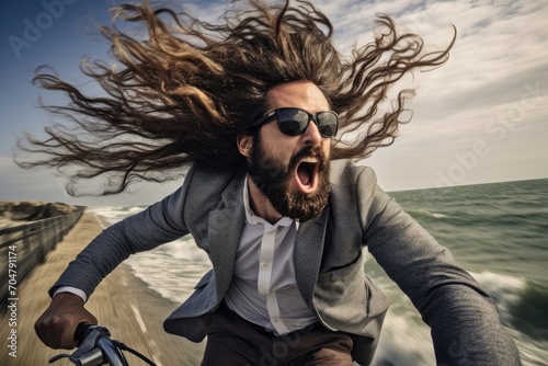 Man on a bike with wild hair flying, shouting, ocean backdrop.