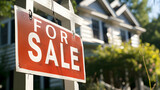 for sale sign with suburban home in background, real estate concept