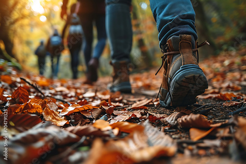 Group of tourists walks along the path of the autumn forest. Feet close-up. Traveling in a small group photo