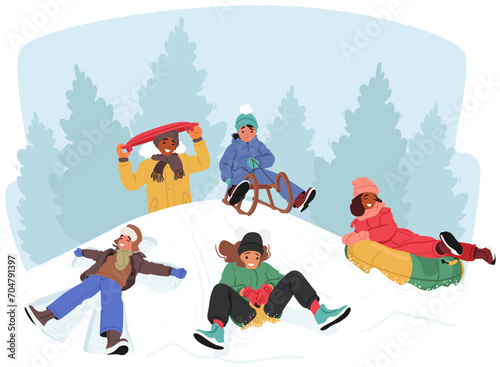 Children Joyfully Sled Down Snowy Hills, Their Laughter Echoing In Crisp Winter Air. Colorful Scarves Trail Behind