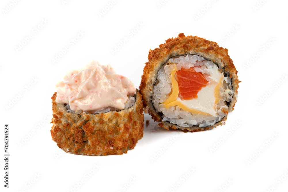 Sushi roll on a white background with Philadelphia cheese and salmon breaded with dried tuna. Sushi roll on a white background with Philadelphia cheese and salmon breaded with dried tuna.