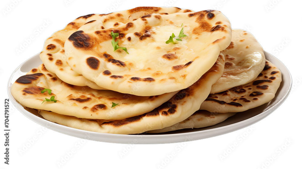 Delicious Indian Naan Bread with Garlic and Butter Isolated on White Background