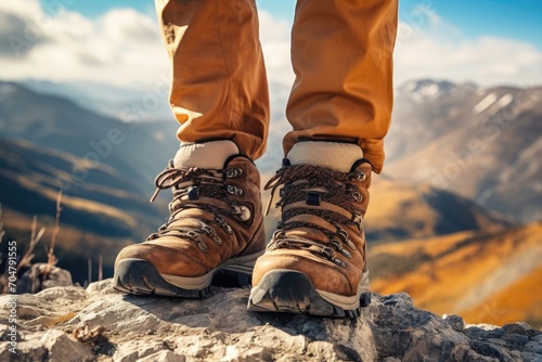 Hiker's feet on a mountain summit at sunset