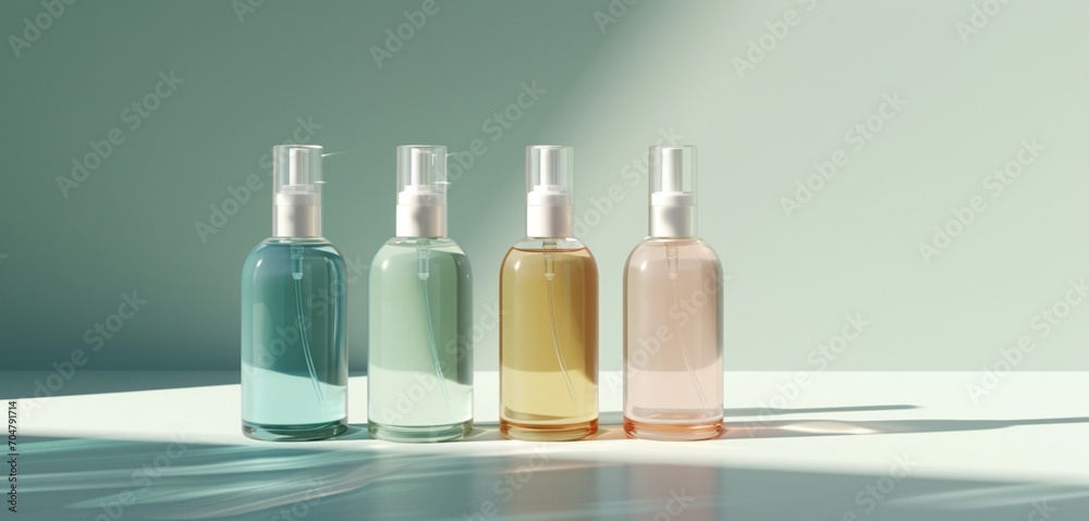 Three empty skincare bottles, visually appealing, color-matched styling, HD. Three empty skincare bottles, visually appealing, color-matched styling, HD.