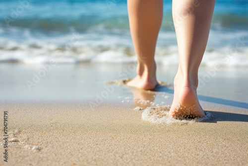 Bare feet walking on sandy beach with waves.