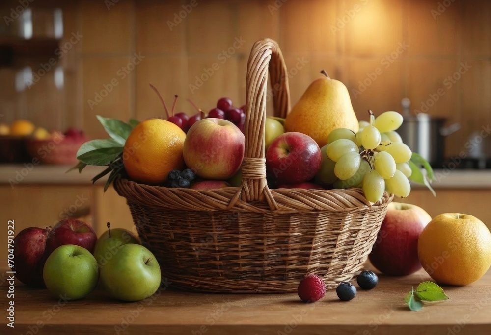 Basket and fresh fruits on wooden table Basket and fresh fruits on wooden table