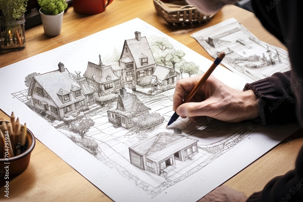 Person drawing architectural house plans. - obrazy, fototapety, plakaty 