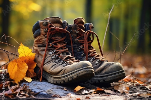  Hiking boots standing on a forest bed with colorful leaves.
