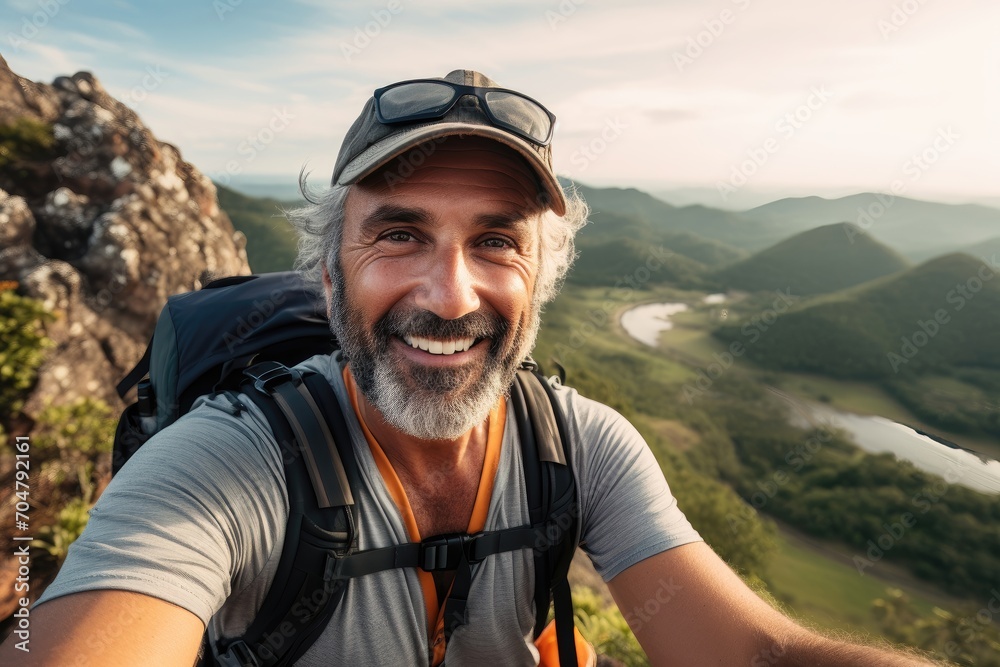  Smiling man with grey hair and cap takes selfie on a mountain with river views.