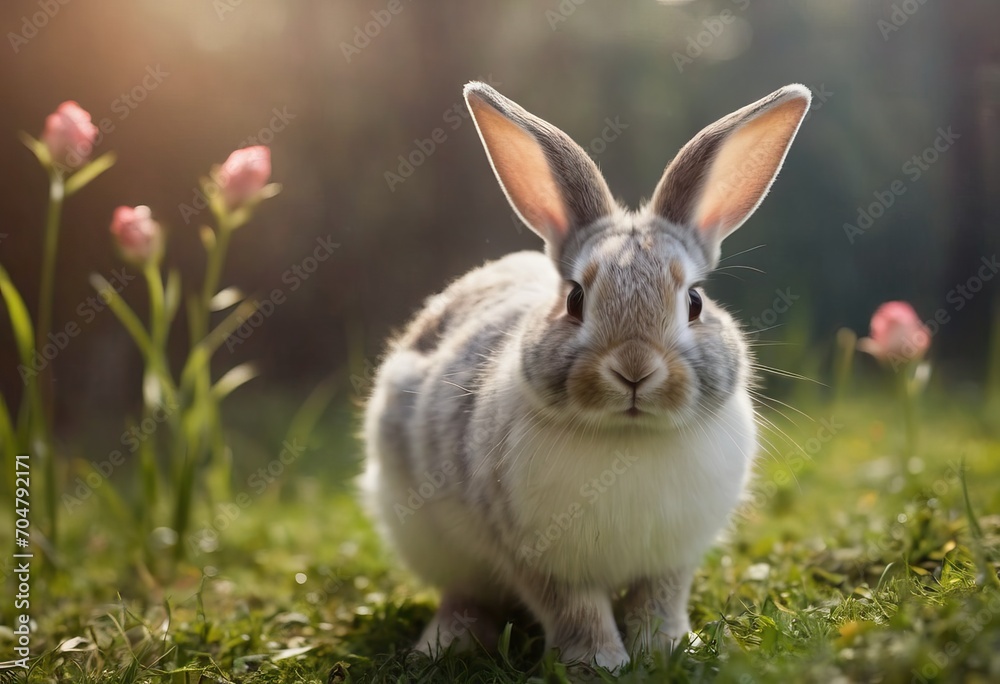 gray rabbits in the grass among colored eggs at sunset or sunrise. Spring or summer sunny day outdoors. gray rabbits in the grass among colored eggs at sunset or sunrise. Spring or summer sunny day outdoors.
