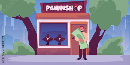 Pawnshop building and client with money on cityscape vector customer buy or sell second hand jewelry things and get cash