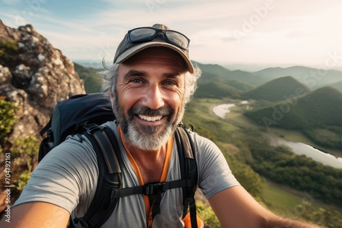  Smiling man with grey hair and cap takes selfie on a mountain with river views.