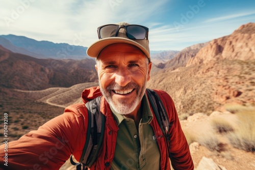 Cheerful man in sunglasses and hat takes selfie in desert mountain landscape.