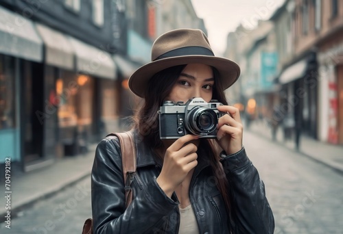 Woman photographer with dslr camera taking pictures outdoor. Mixed race girl with photo camera outdoor. Home hobby, lifestyle, travel, people concept © Алексей Ковалев