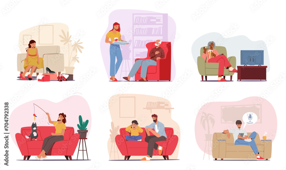 Set Male Female Characters On Couches. People Fitting Footwear, Watching Movie, Playing With Pets, Listening Podcast
