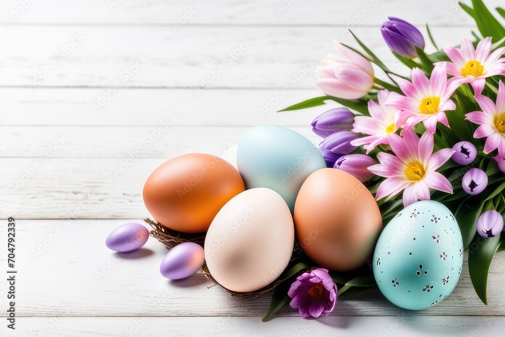 easter eggs and flowers on white wooden background