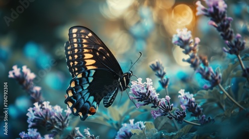  a close up of a butterfly on a plant with purple flowers in the foreground and a blurry background. © Olga