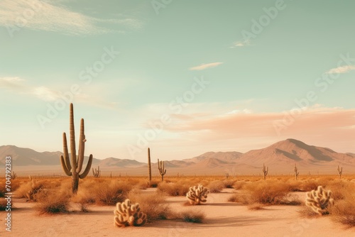 Photo of a serene desert landscape with cacti. Generative AI photo