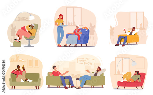 Set Of Male And Female Characters On Their Couches. Young, Senior And Adult People Lounging, Drinking Wine