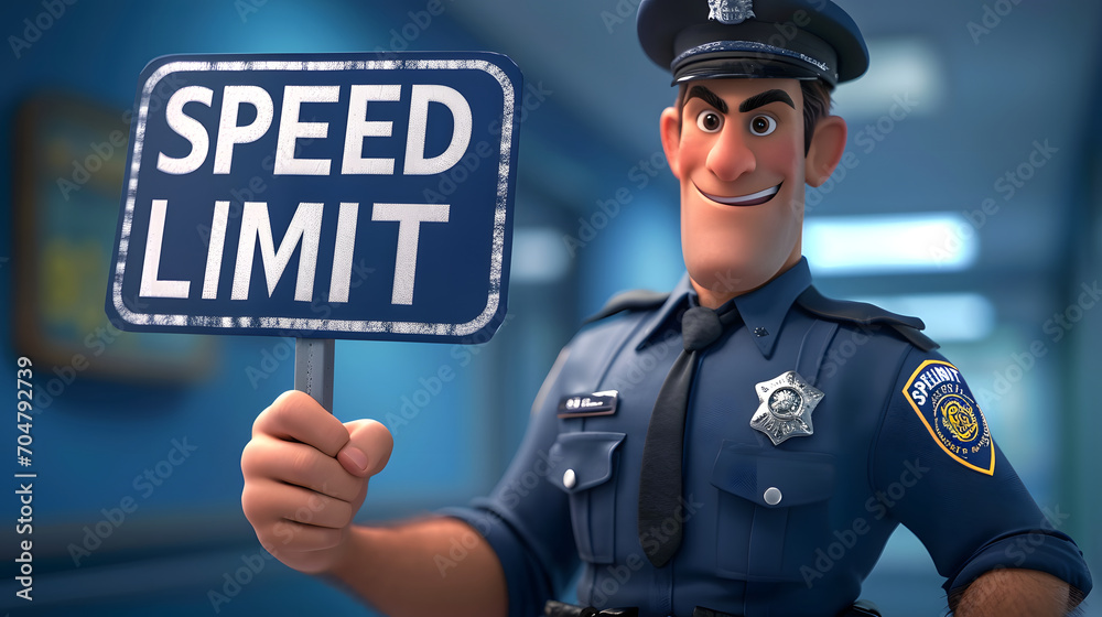 Smiling animated police officer standing next to a 50 speed limit sign on a blue background. Smiling animated police officer standing next to a 50 speed limit sign on a blue background.