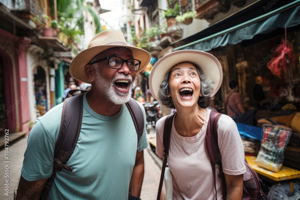 Joyful couple with hats laughing on a vibrant street. Joyful couple with hats laughing on a vibrant street.