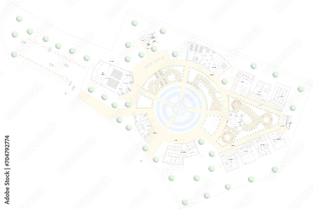 Vector sketch illustration of the landscape engineering design of the health post building with a green garden