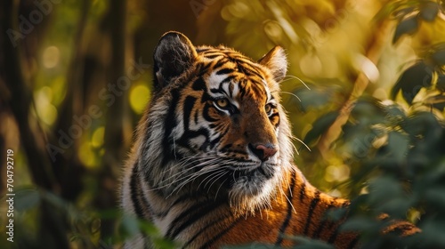  a close up of a tiger in a field of grass and trees with the sun shining on it's face.