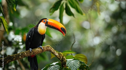  a colorful toucan perched on a branch in a tree with lots of leaves and branches in the background.