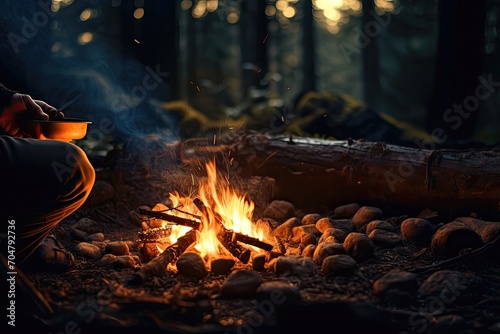 Person warming hands by a campfire in a forest at dusk.