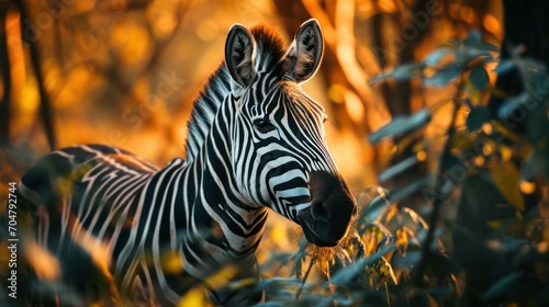  a close up of a zebra in a field of grass with trees in the background and sunlight coming through the trees.