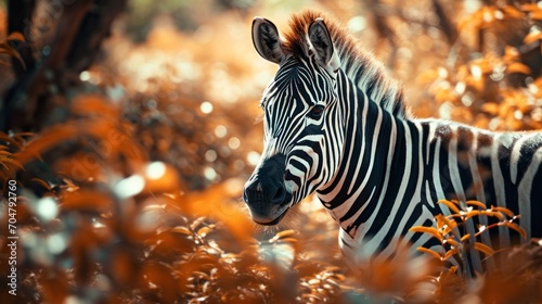  a close up of a zebra standing in a field of tall grass and orange flowers with trees in the background.