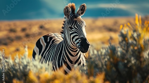  a close up of a zebra in a field of grass with a sky in the back ground and clouds in the background. © Olga