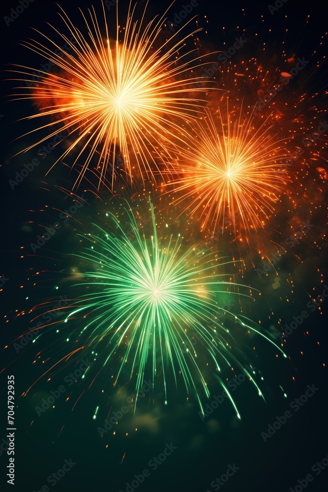 Naklejka premium a group of fireworks with green, orange, yellow and red