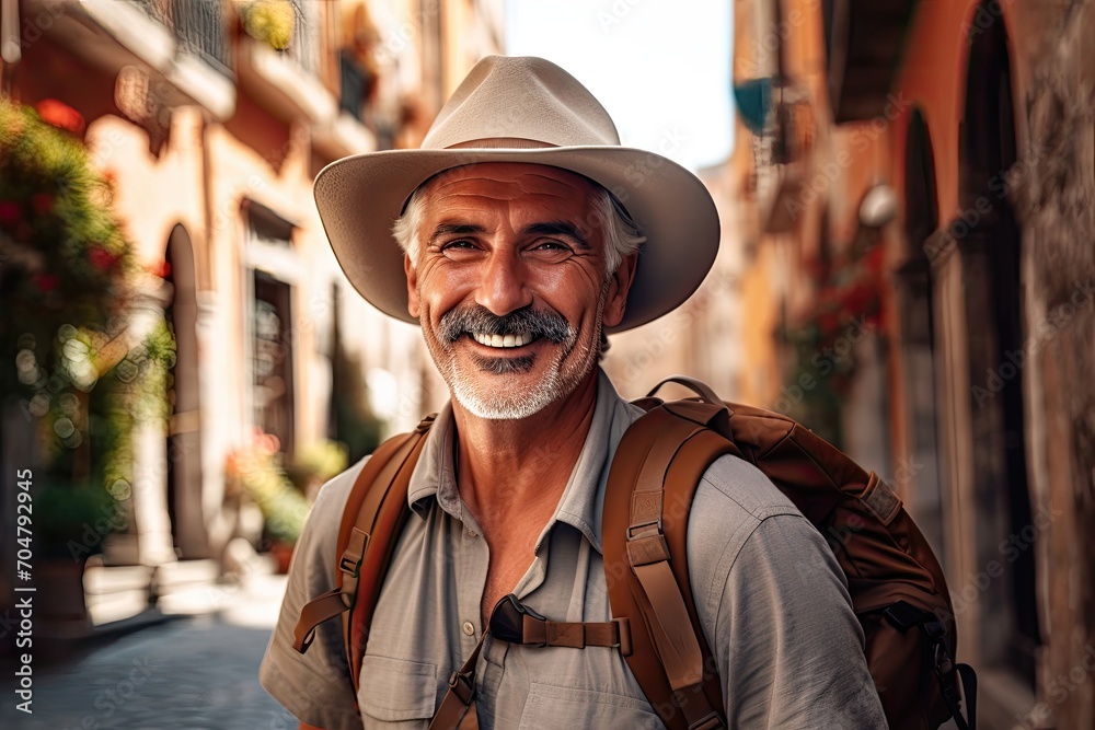 Joyful senior traveler with a backpack on a city street.