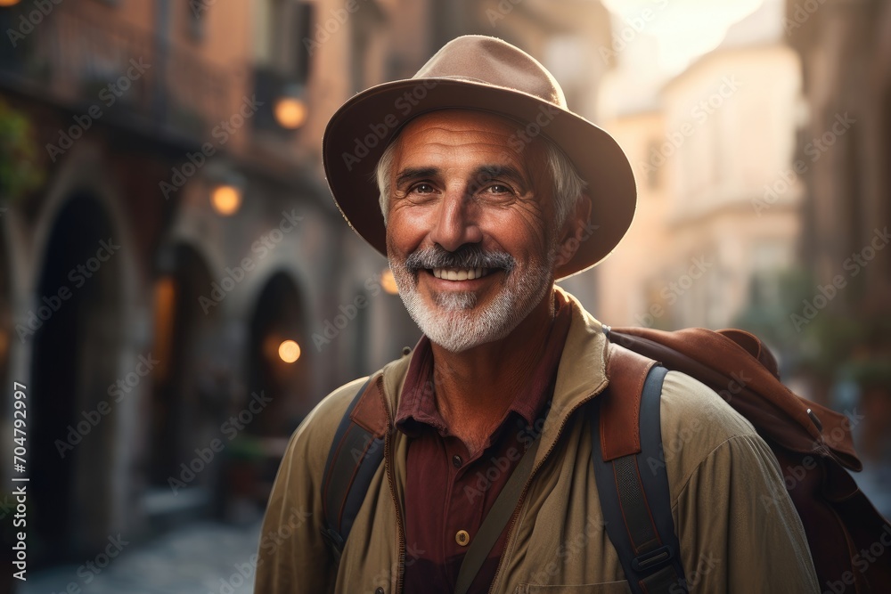 Joyful senior man with hat and backpack in an old town.