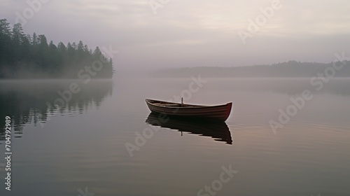 Wooden boat on a misty lake at dawn
