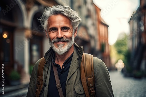 Smiling mature man with a backpack in a European street.