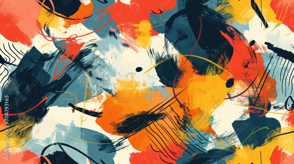  a multicolored abstract painting with black, orange, yellow, and blue paint strokes on a white background.