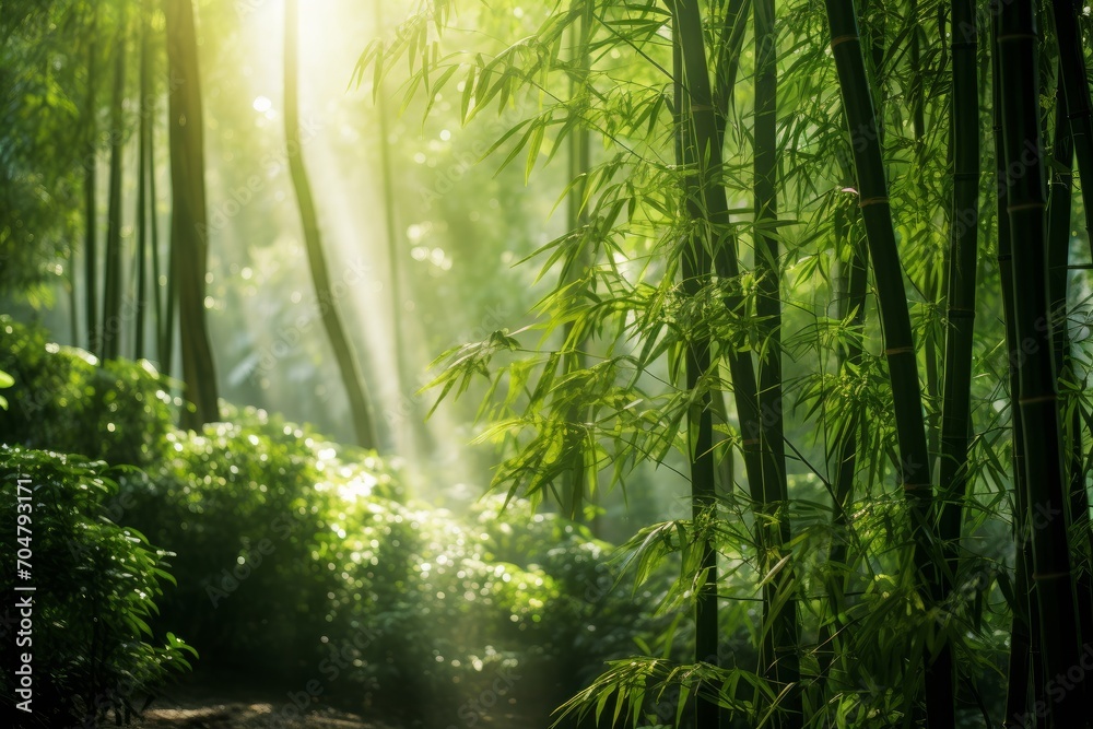 Photo of a tranquil bamboo forest with soft sunlight. Generative AI