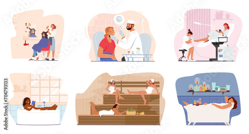 Female Character Beauty Routine And Self-care Procedure. Women Making Hairstyle, Applying Cosmetic Injections