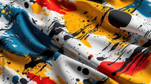  a multicolored fabric with black, yellow, red, blue, and white paint splattered on it.