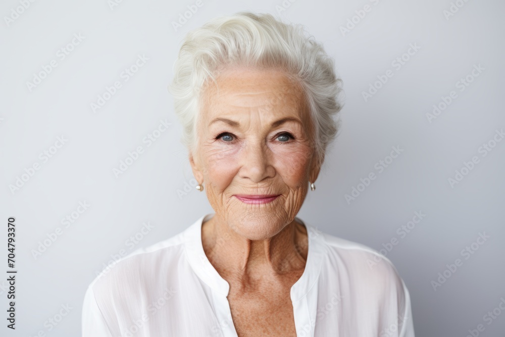 Portrait of a happy senior woman smiling at camera against grey background Portrait of a happy senior woman smiling at camera against grey background