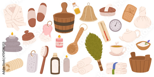 Spa Sauna Items Collection Featuring Plush Towels, Aromatic Essential Oils, Wooden Ladle And Pail, Robe, Oak Broom
